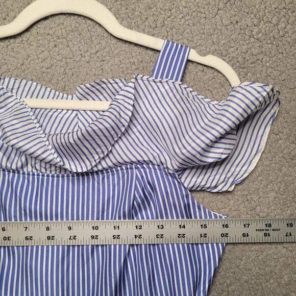 J.Crew Dress 0 Blue White Silk Striped Ruffle Cold Shoulder Handkerchief Midi - Picture 7 of 8